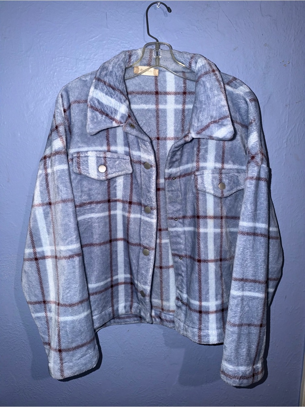 Altar'd State Gray Plaid Fleece Shacket with Brown Accents